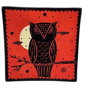 Halloween Owl Bats Square Plate Sharon Bloom Hand Painted‎ 9.75"